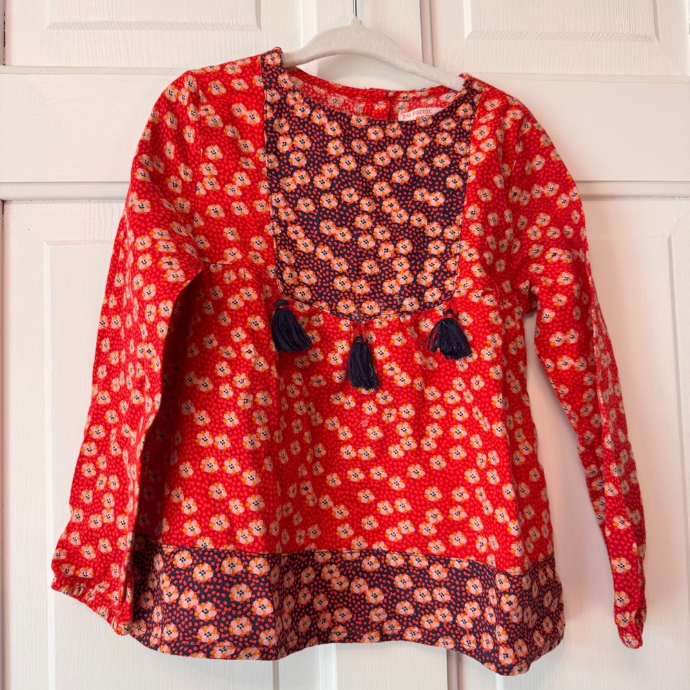 Girls' Red Floral Long-Sleeve Peasant Top with Tassels